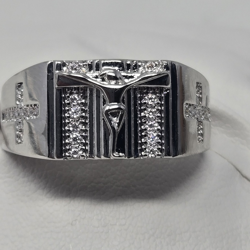 GRA Certified Moissanite Jesus Crucifix Ring White Gold Plated‎ Open Fit Sz 9-13